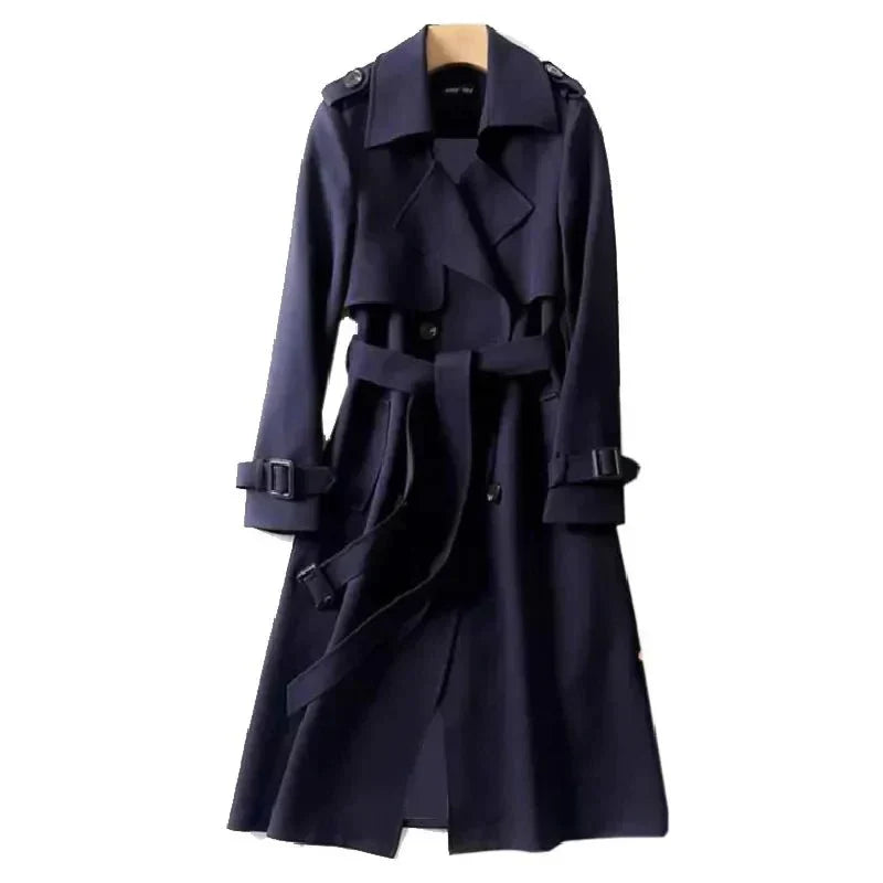 Classic women's long trench coat, double-breasted with tie waist, perfect for office and versatile fashion.