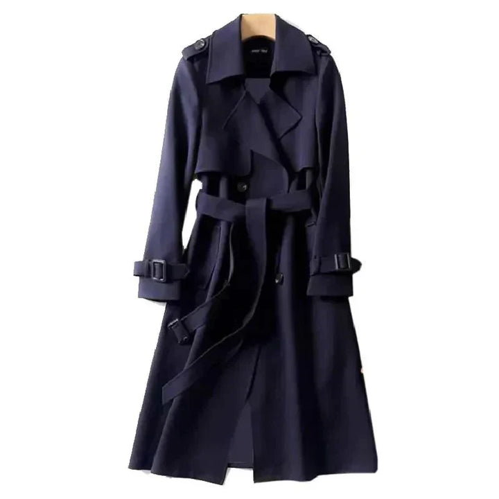 Classic women's long trench coat, double-breasted with tie waist, perfect for office and versatile fashion.