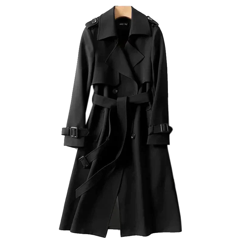 Elegant women's double-breasted trench coat with a stylish tie belt, ideal for sophisticated outerwear.