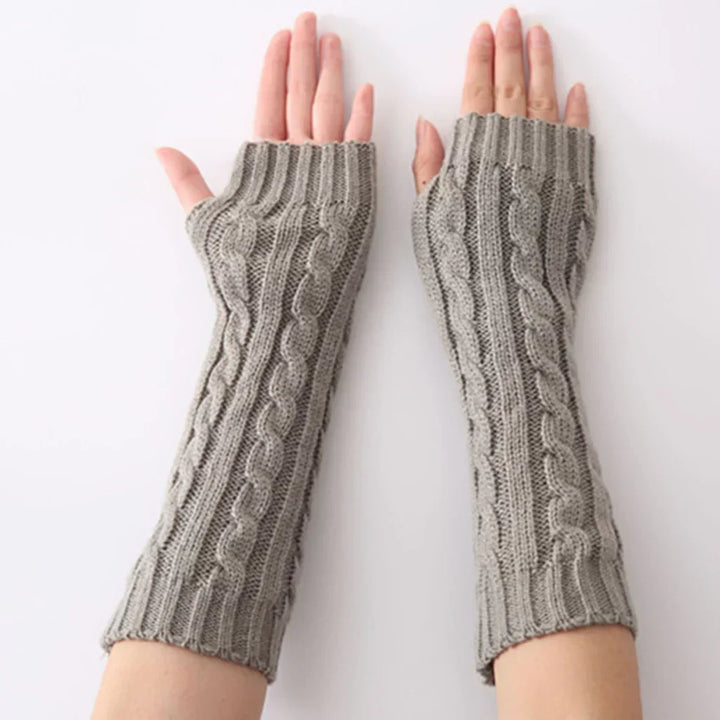 Soft cotton long fingerless knitted gloves for women, a cozy winter accessory & arm warmers.