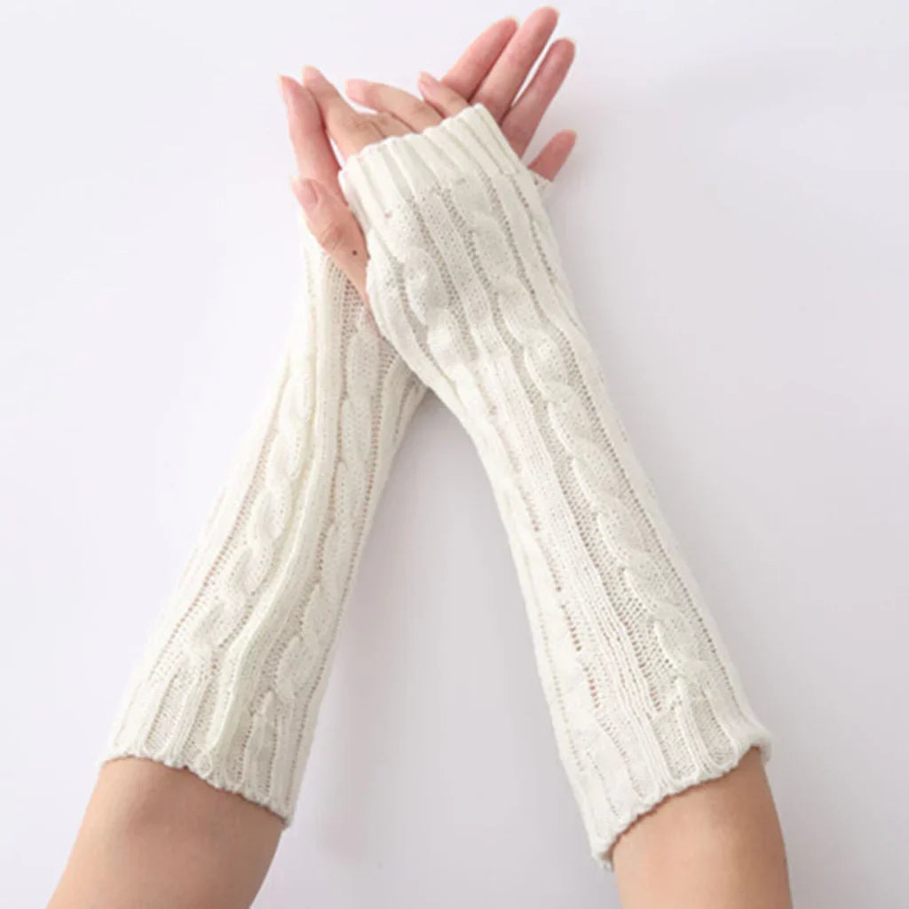 Women's FlexiWarm long fingerless knitted gloves, perfect for staying warm while active outdoors.