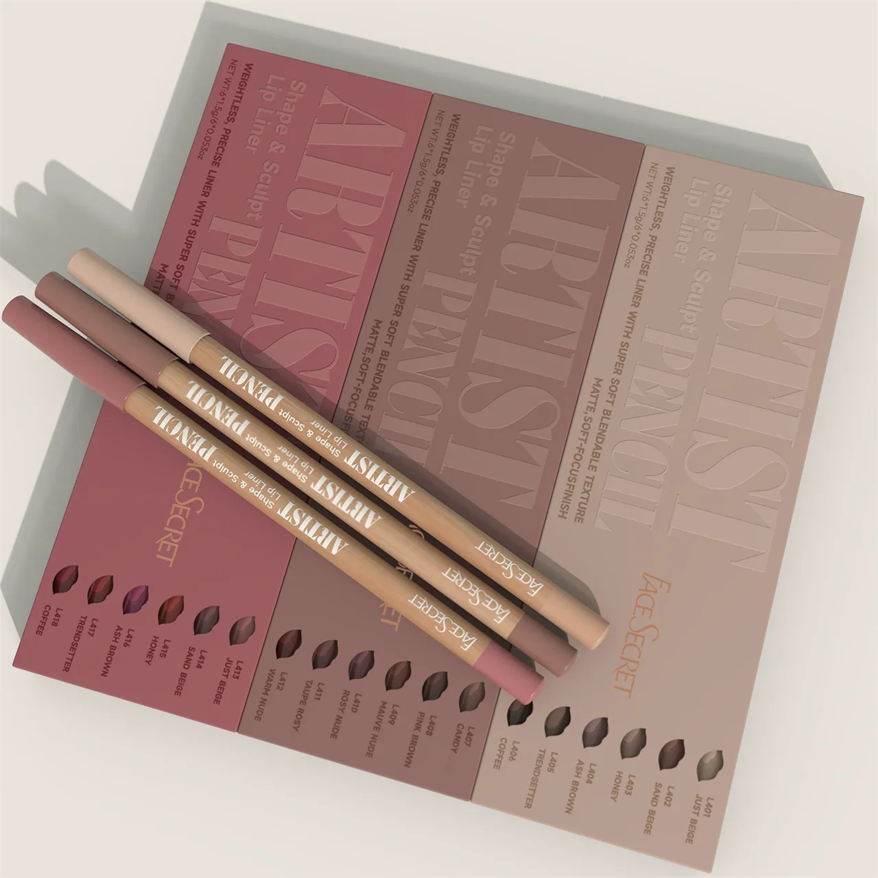 Versatile women's long-lasting lip pencil set: waterproof nude pink, nude brown & pink rose shades for beautiful lips.