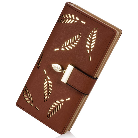 Women's long leaf leather wallet. Stylish, slim design, perfect everyday carry fashion accessory.