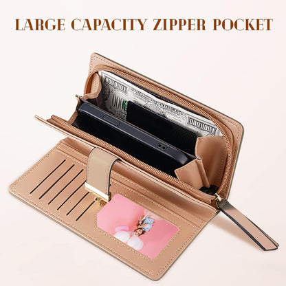 Elegant women's long leather wallet with minimalist leaf design. Essential slim card holder.
