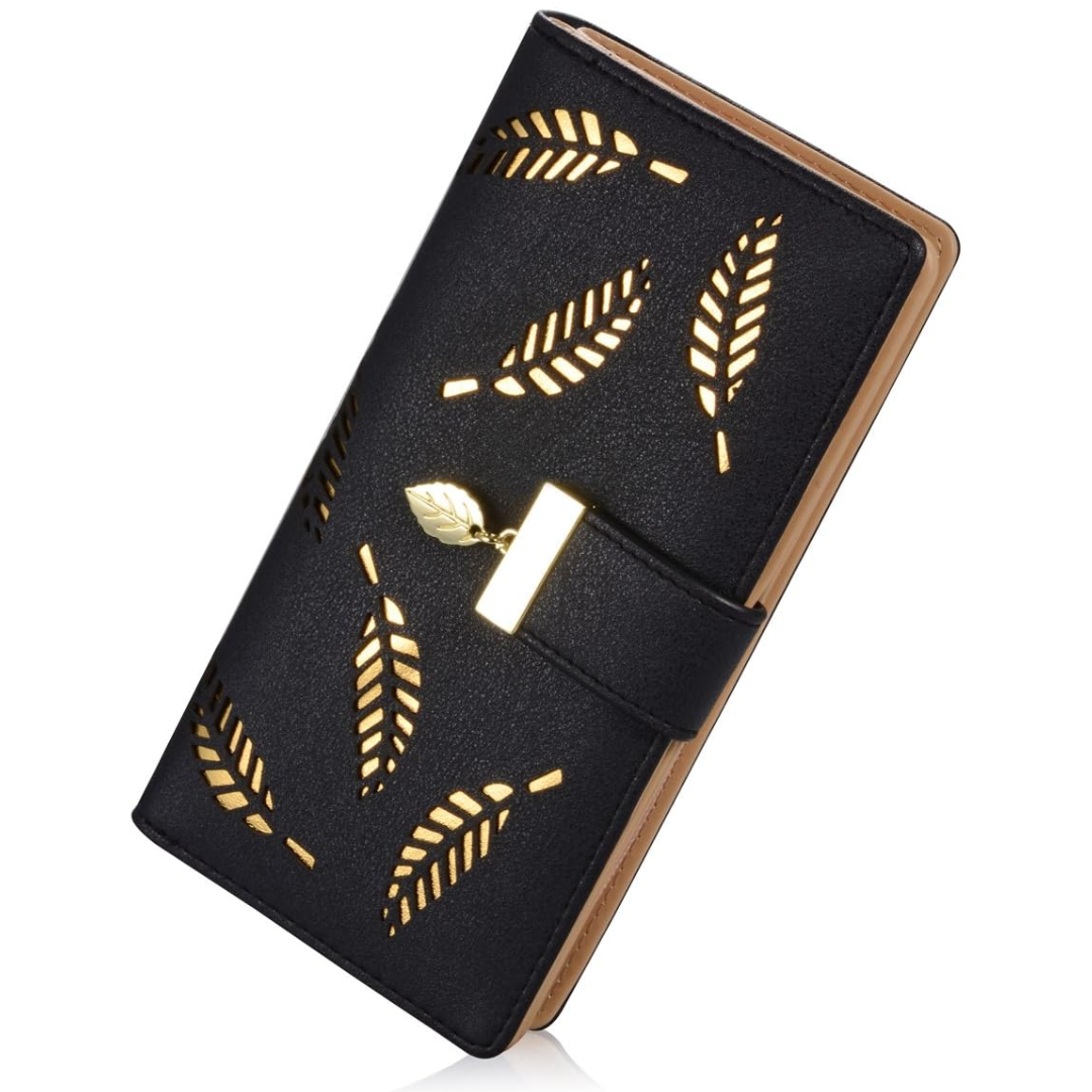 Elegant leather long wallet for women with unique leaf design. Practical card holder & slim profile.