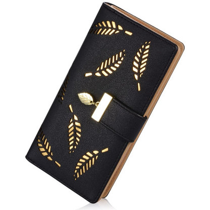 Elegant leather long wallet for women with unique leaf design. Practical card holder & slim profile.
