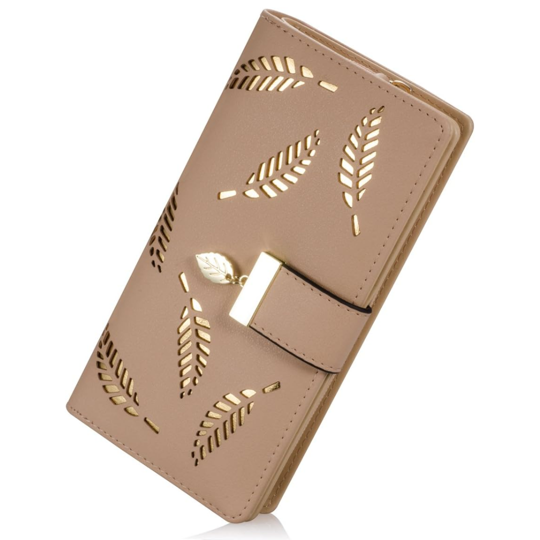 Slim women's long leather wallet, Leanne model. Features multiple card slots, ideal fashion accessory.