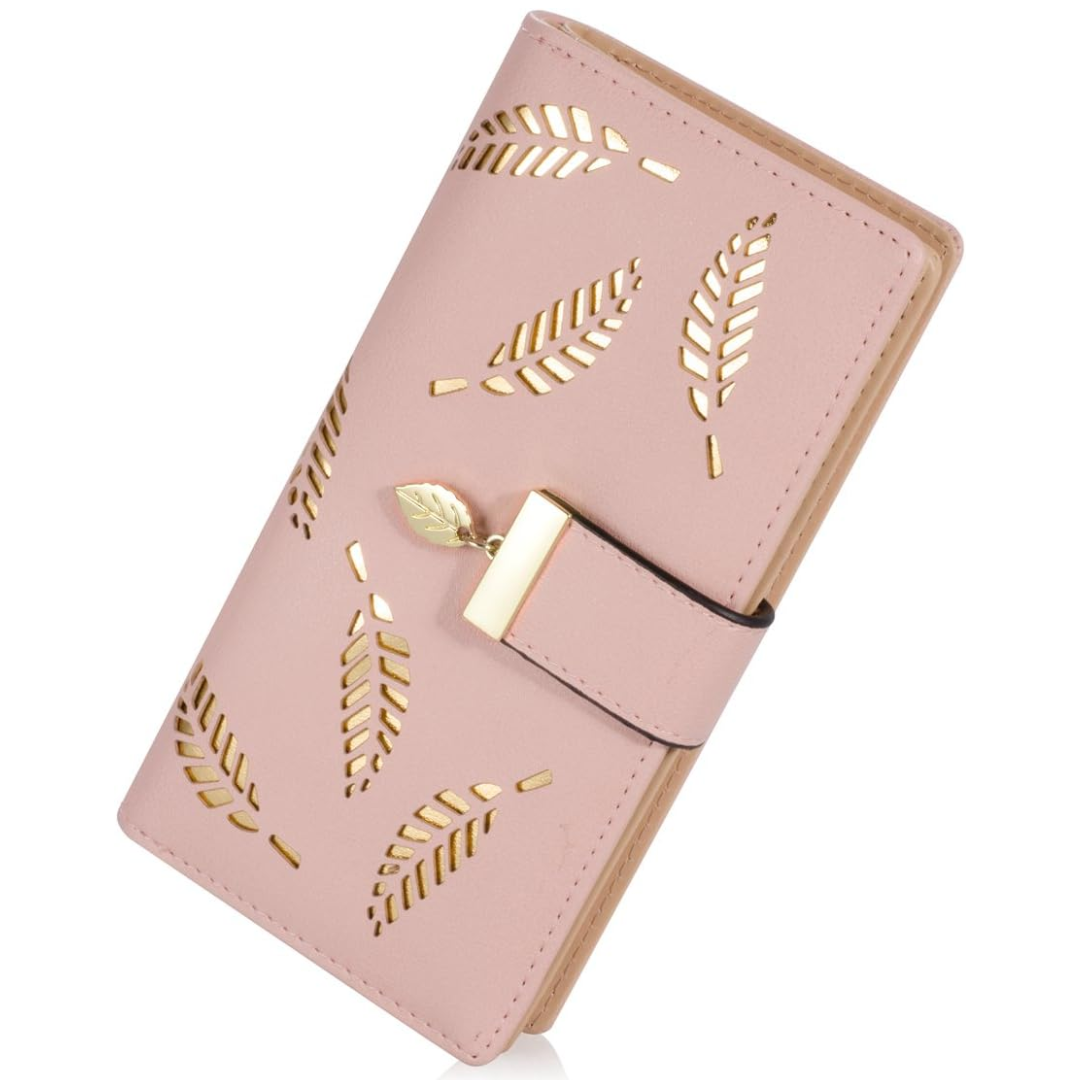 Leanne long leaf leather wallet for women. Chic and slim card holder, ideal for a fashion-forward look.