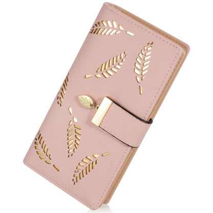 Leanne long leaf leather wallet for women. Chic and slim card holder, ideal for a fashion-forward look.