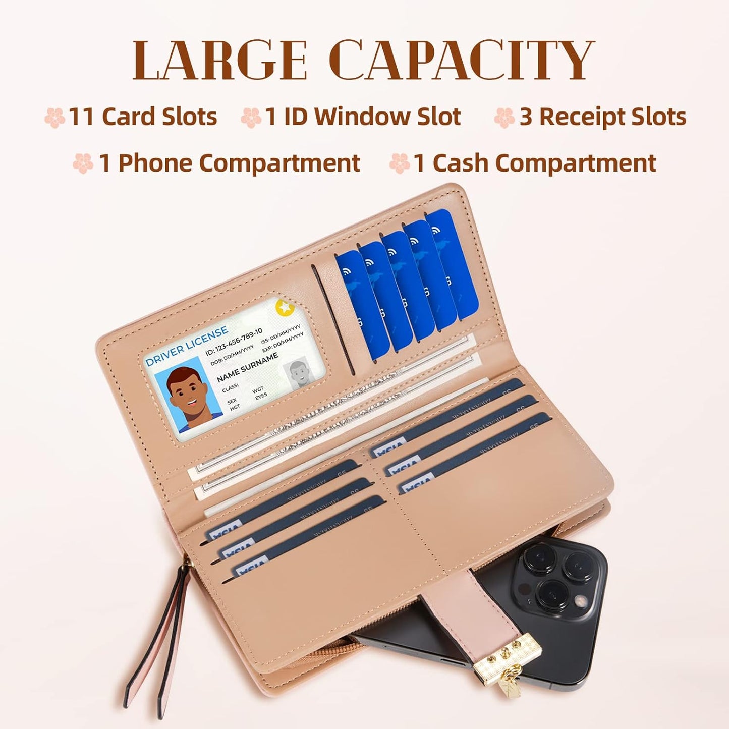 Front view of women's long leaf leather wallet. Elegant, durable, and a must-have fashion accessory.