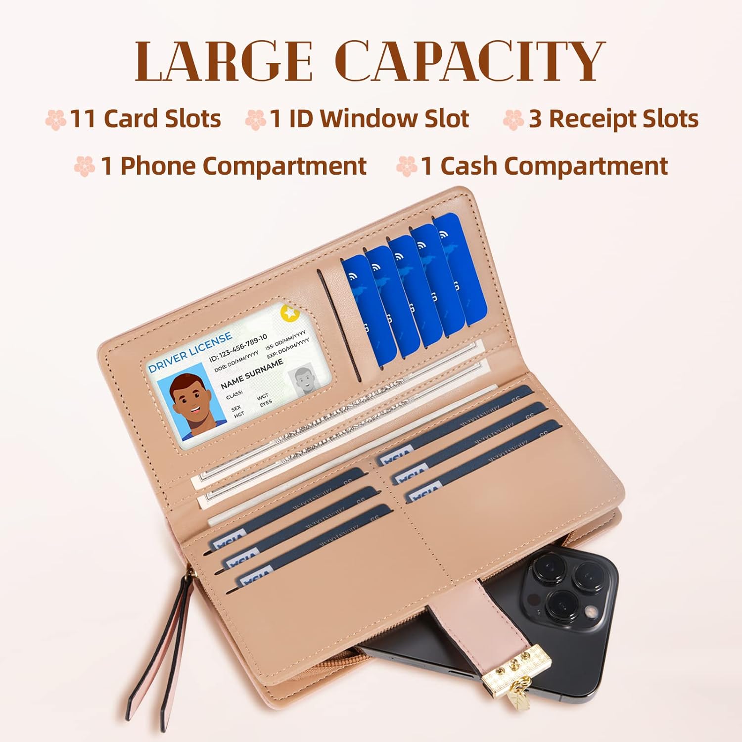 Front view of women's long leaf leather wallet. Elegant, durable, and a must-have fashion accessory.