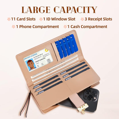Front view of women's long leaf leather wallet. Elegant, durable, and a must-have fashion accessory.