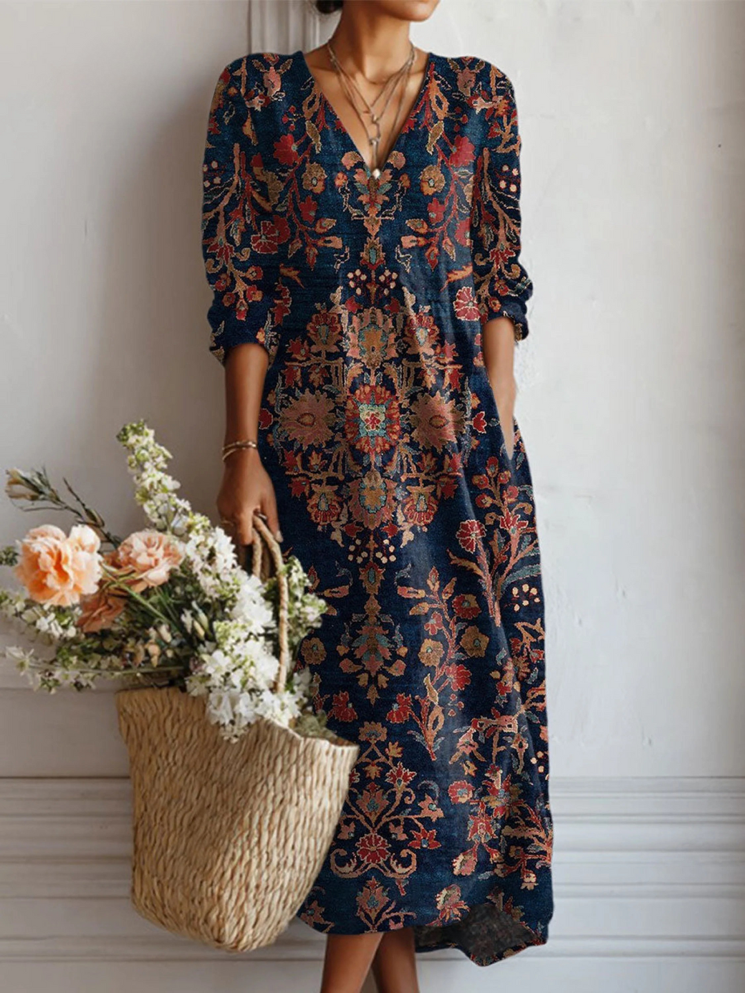 Women's long sleeve A-line midi dress. Casual, comfortable, and versatile for daily or office wear.