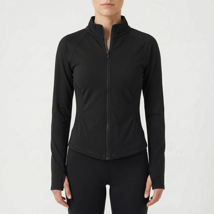 Close-up of a women's long-sleeve athletic jacket, showcasing its workout-ready design.