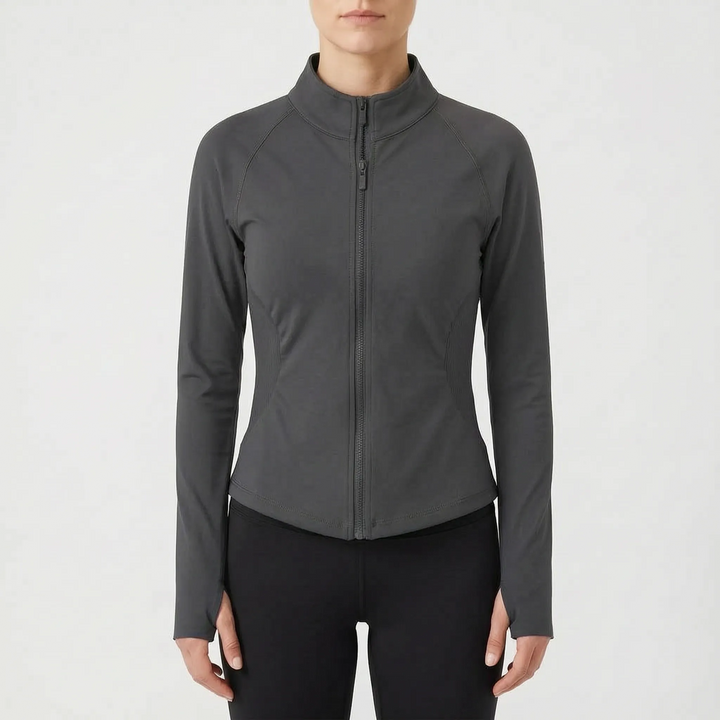Women's fitness long-sleeve jacket, offering flexibility & style for any active routine.