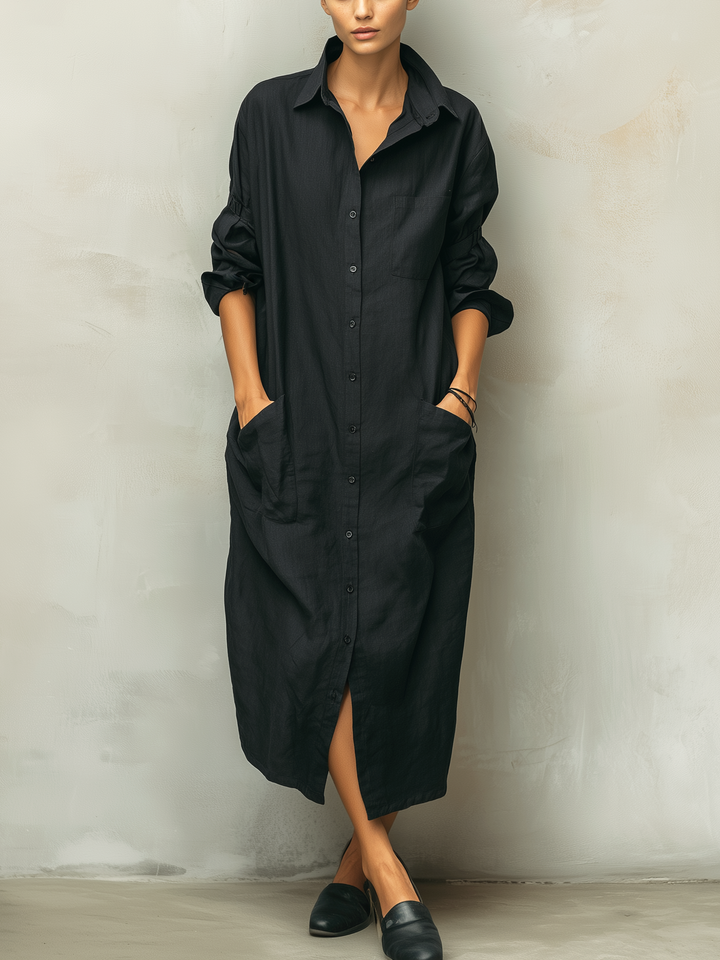 Women's long sleeve button down midi shirt dress in a relaxed fit, perfect for versatile everyday wear.