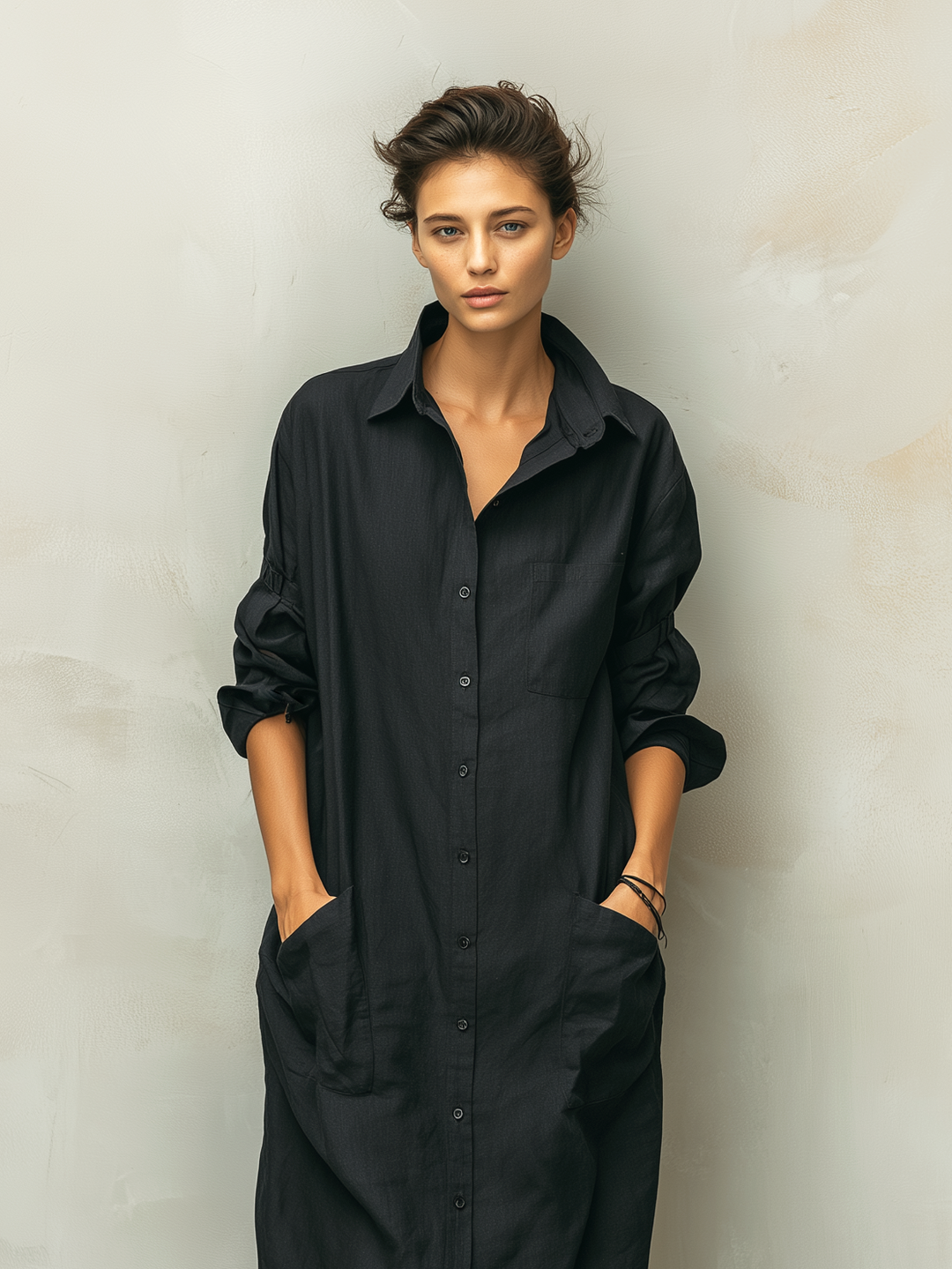 Black long sleeve button down midi shirt dress for women. Ideal casual spring & autumn everyday wear.