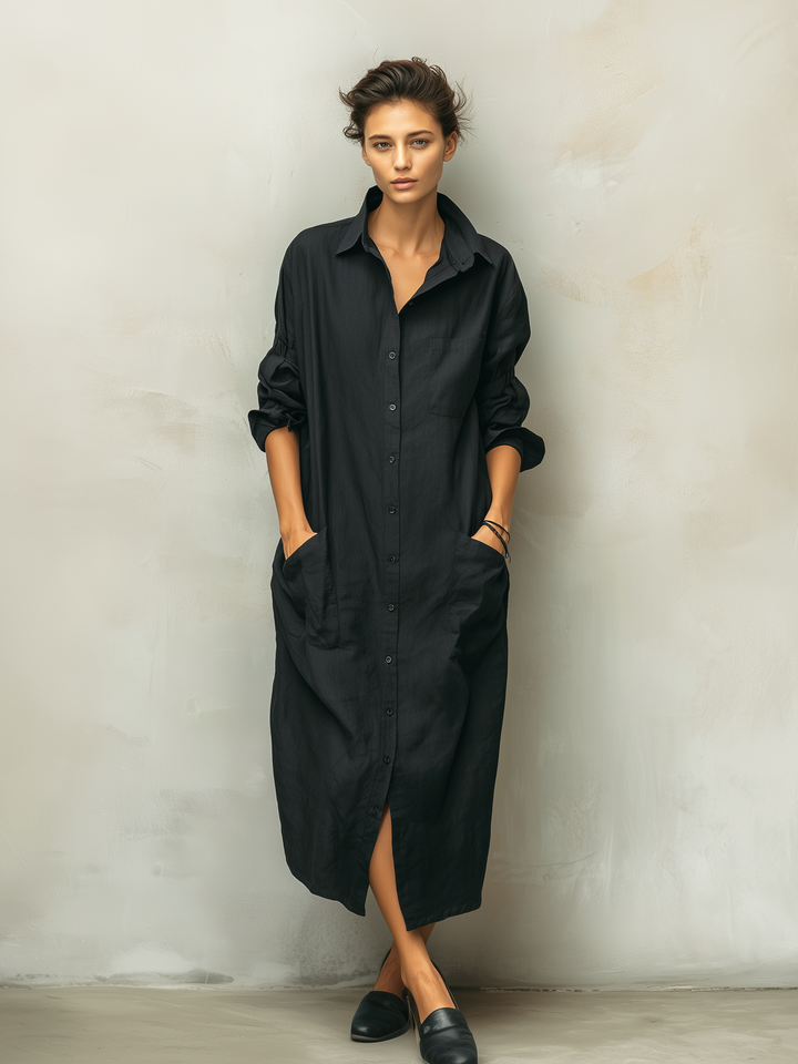 Stylish women's button down midi shirt dress with long sleeves. Relaxed fit, great for casual or versatile wear.