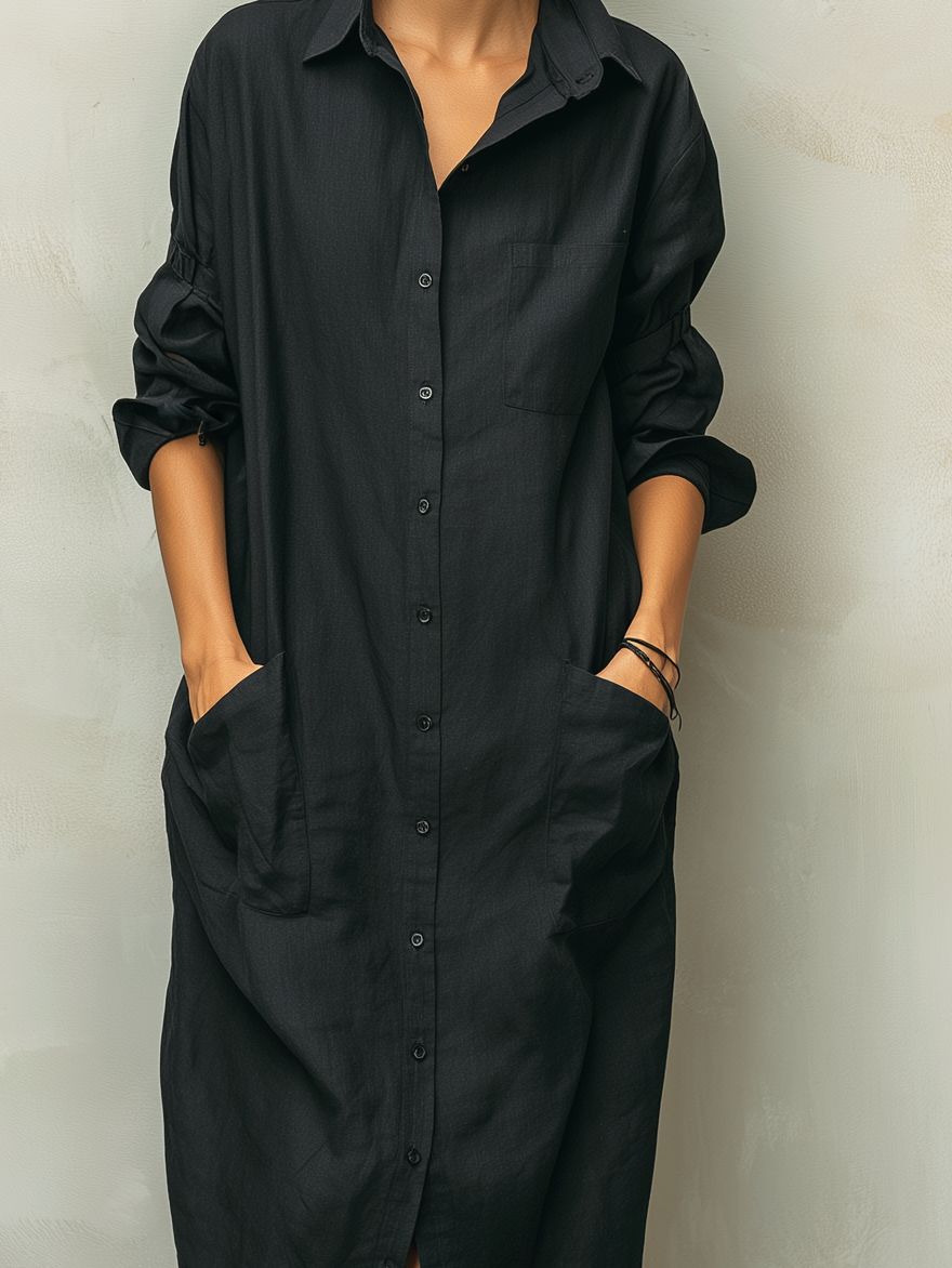 Comfortable women's long sleeve midi shirt dress. Button down, relaxed fit for spring, autumn & everyday fashion.