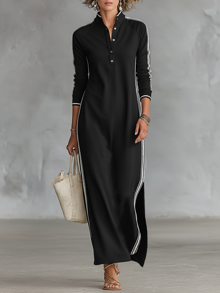 Women's long sleeve casual maxi dress with stylish contrast trim & stand collar, perfect for everyday wear.