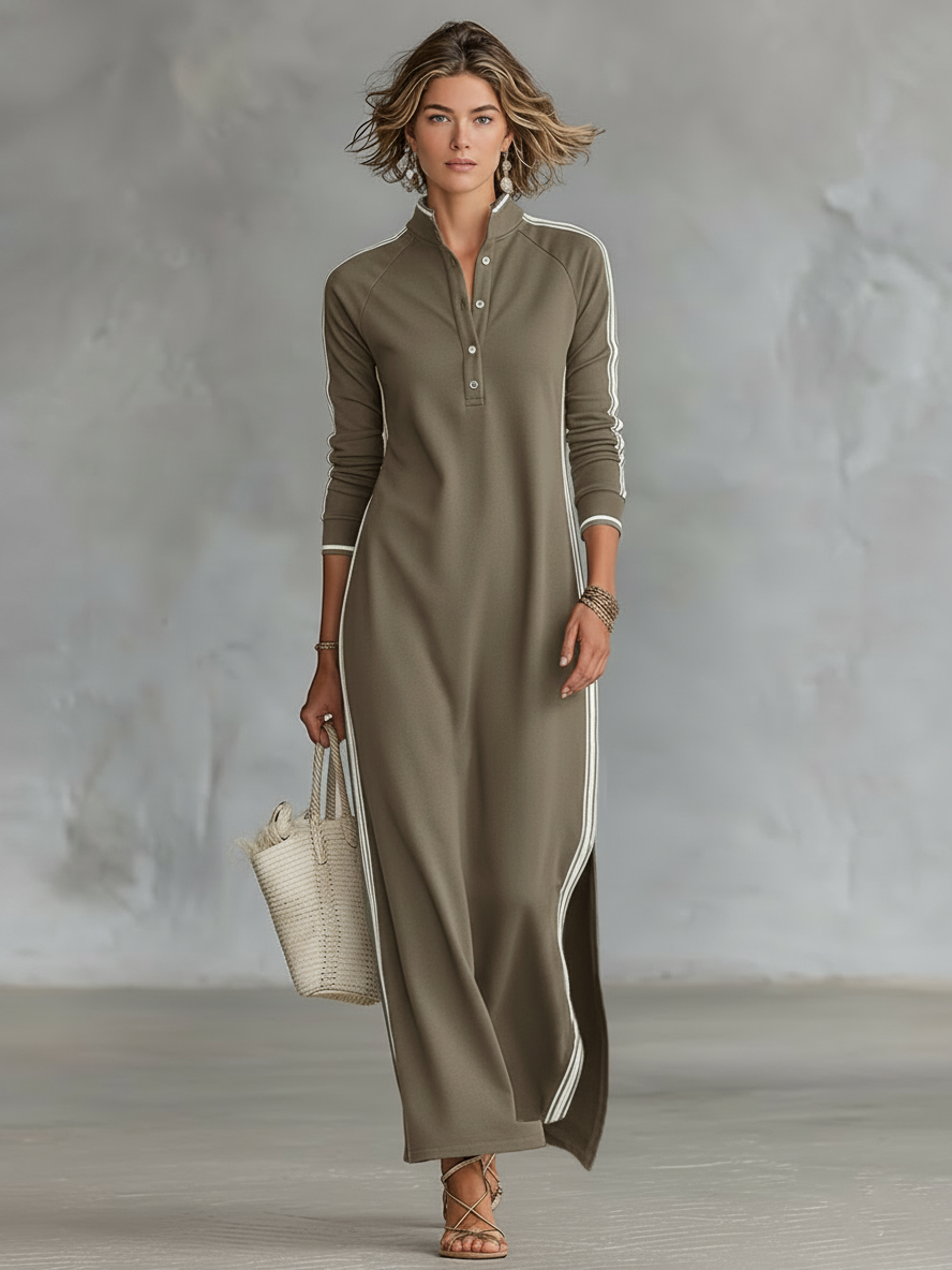 Comfortable & versatile women's long sleeve maxi dress. Features a stand collar & contrast trim for casual wear.