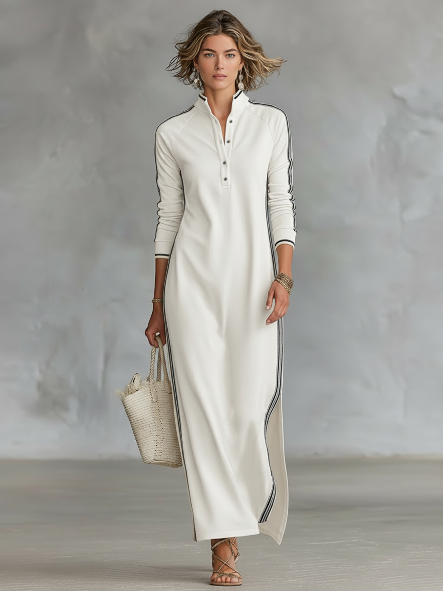 Women's long sleeve casual maxi dress featuring a button placket, stand collar & trendy contrast trim detail.