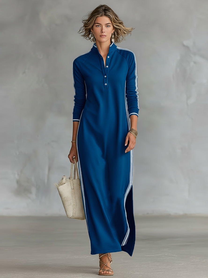 Stylish women's spring/fall maxi dress. Long sleeves, contrast trim, & stand collar for a chic, sporty vibe.
