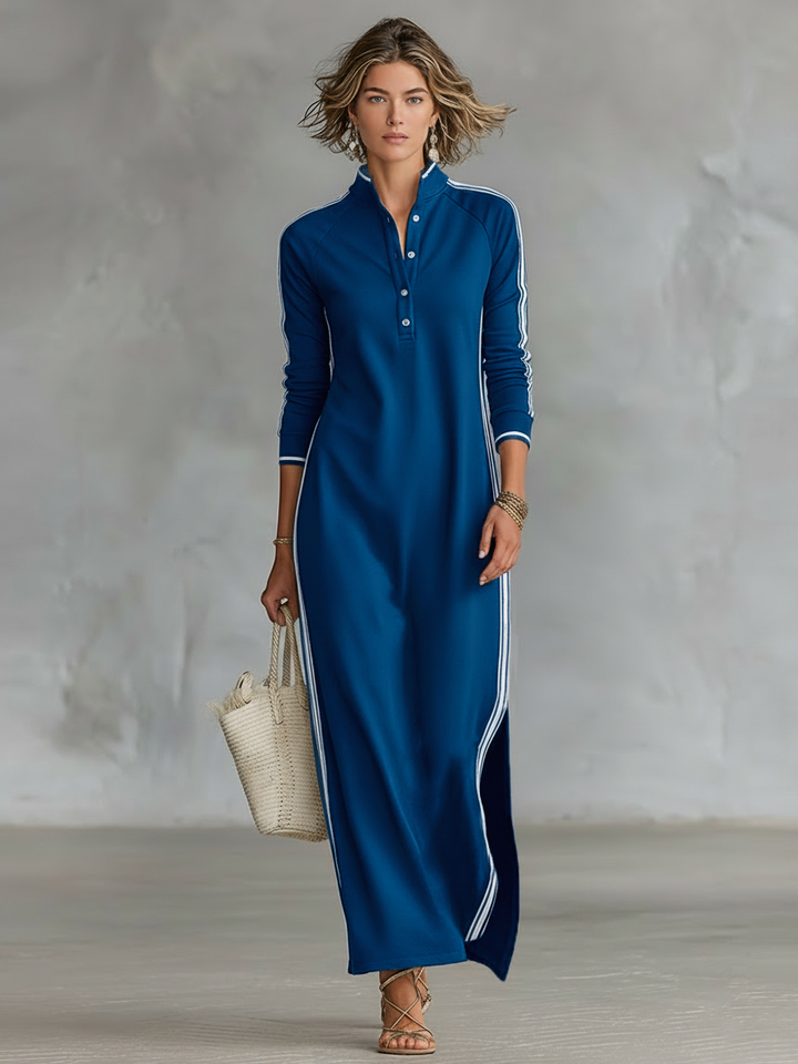 Stylish women's spring/fall maxi dress. Long sleeves, contrast trim, & stand collar for a chic, sporty vibe.