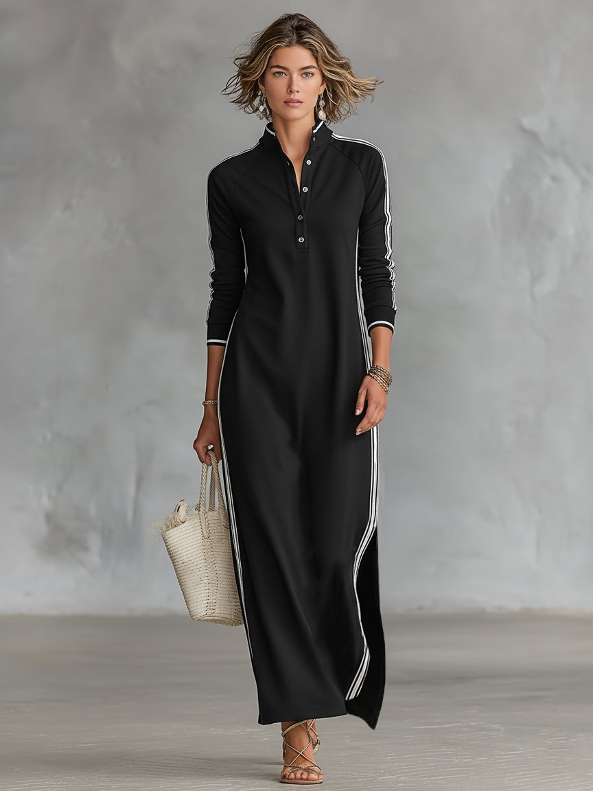 Versatile women's long sleeve casual maxi dress with sporty contrast trim, stand collar, & button placket.