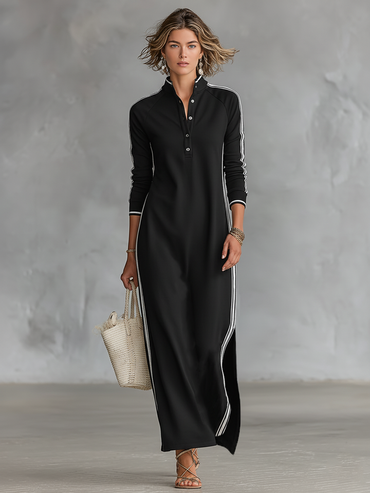 Versatile women's long sleeve casual maxi dress with sporty contrast trim, stand collar, & button placket.