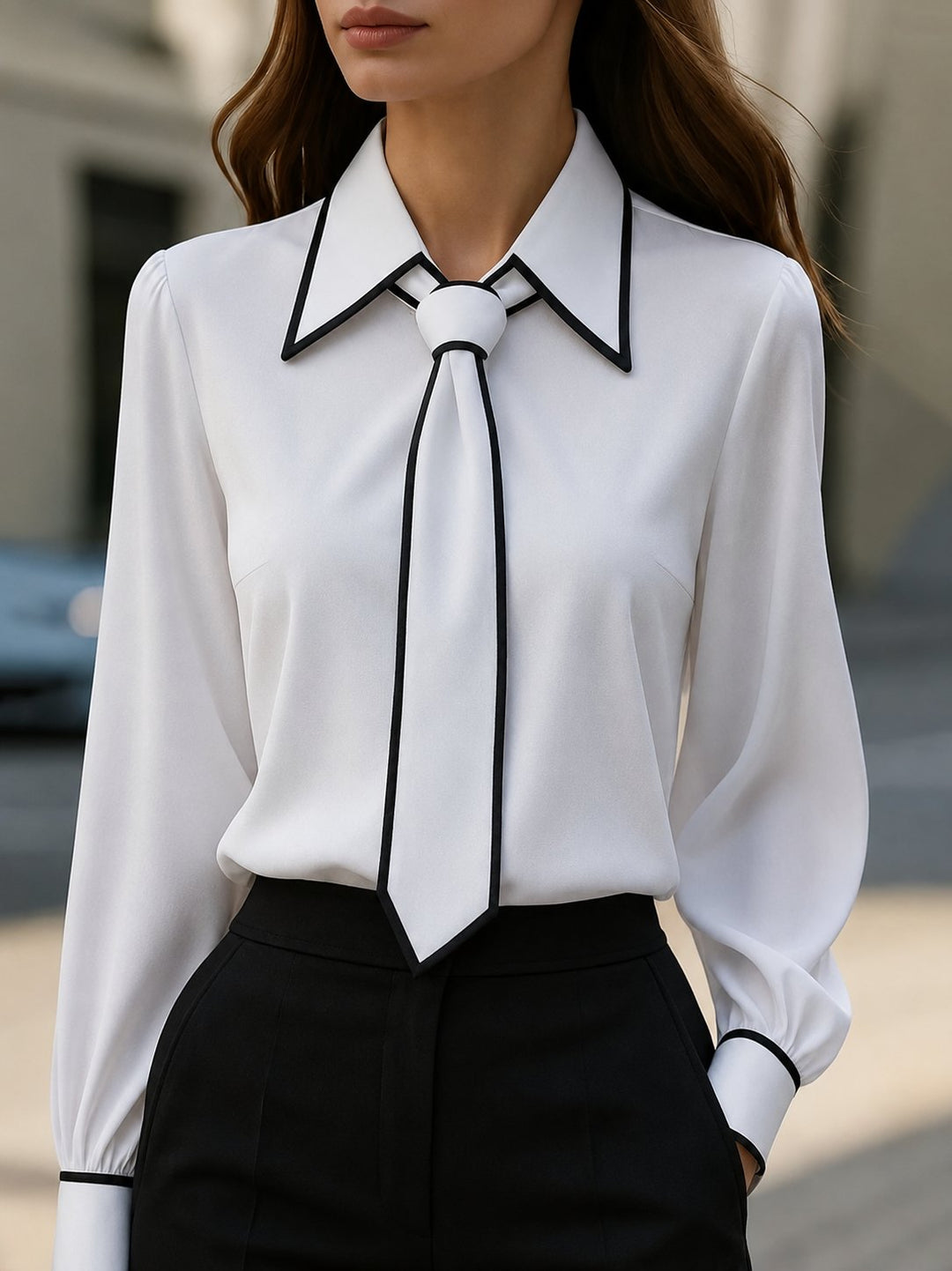 Women's long sleeve tie neck blouse with contrast trim & button-down front. Perfect for office or smart casual.