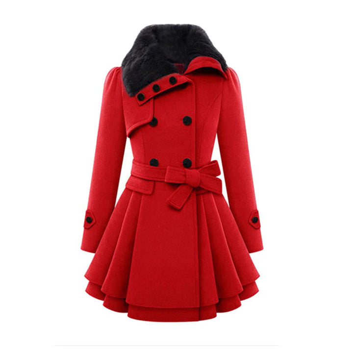 Full-length shot of women's long tailored coat with soft collar, an elegant choice for autumn and winter.