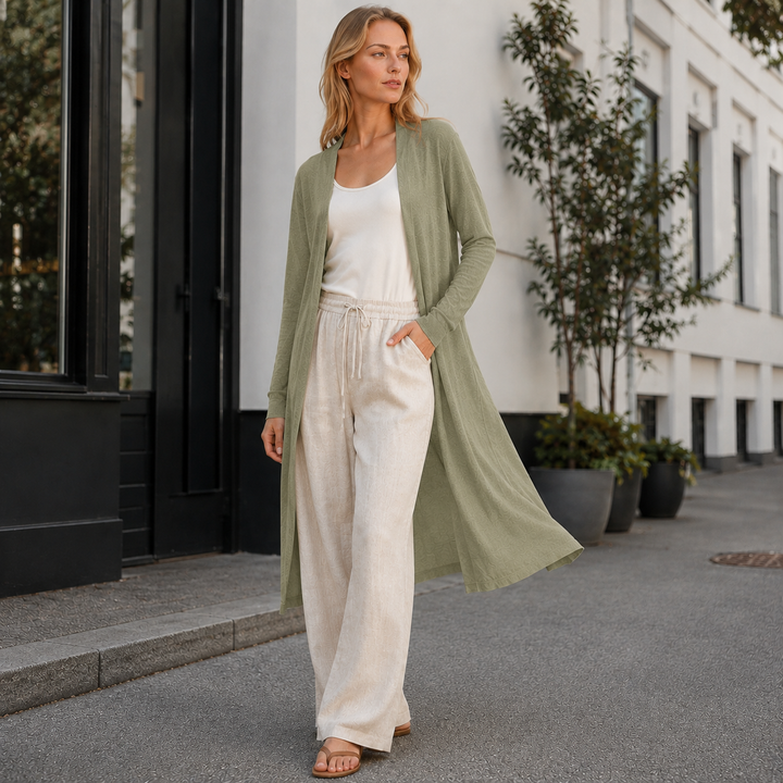 Soft knit long cardigan for women, offering ultimate comfort and cozy layering options.