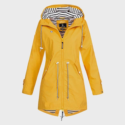 Elegant women's long raincoat. Waterproof, hooded, and fashionable for sophisticated weather protection.