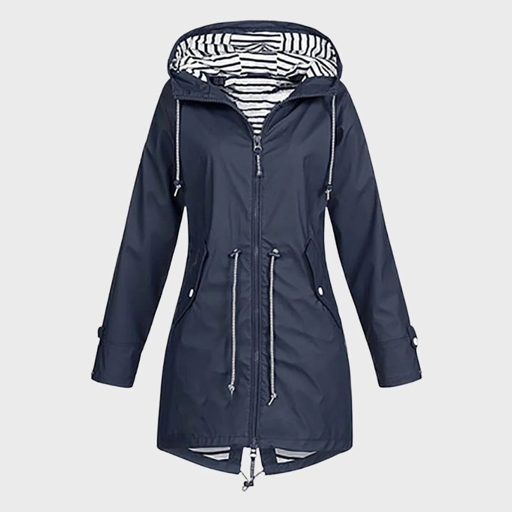 Durable women's long waterproof hooded jacket. Provides excellent weather protection for outdoor activities.