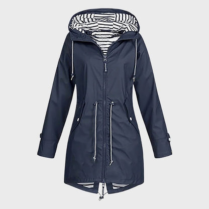 Durable women's long waterproof hooded jacket. Provides excellent weather protection for outdoor activities.