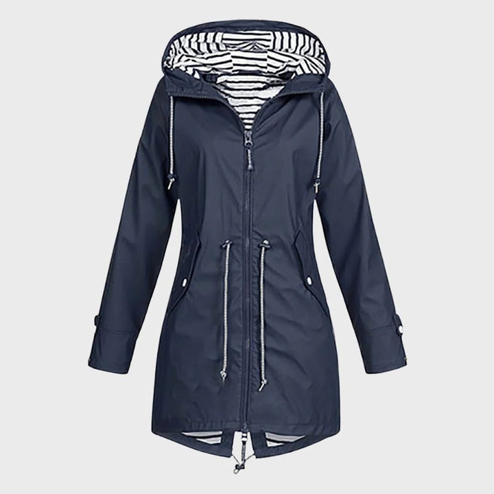 Durable women's long waterproof hooded jacket. Provides excellent weather protection for outdoor activities.