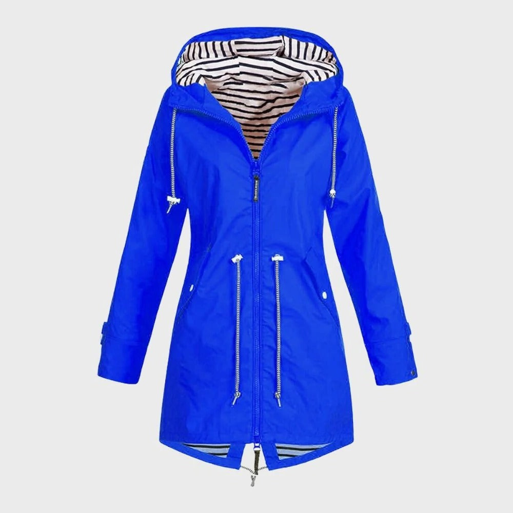 Stylish women's long waterproof outerwear, featuring a hood and design for ultimate weather protection.