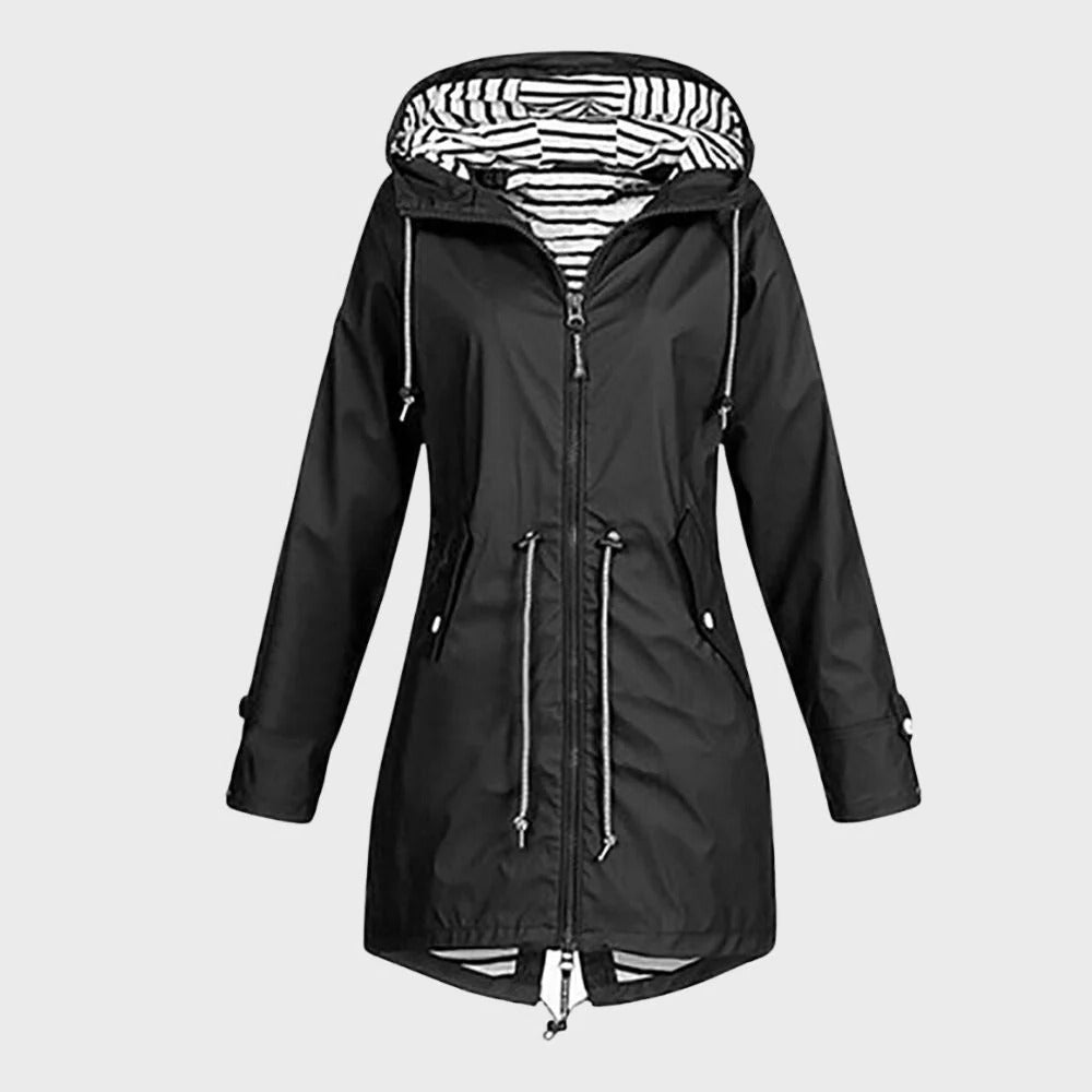 Functional women's long rain jacket, designed with a hood for complete waterproof weather protection.