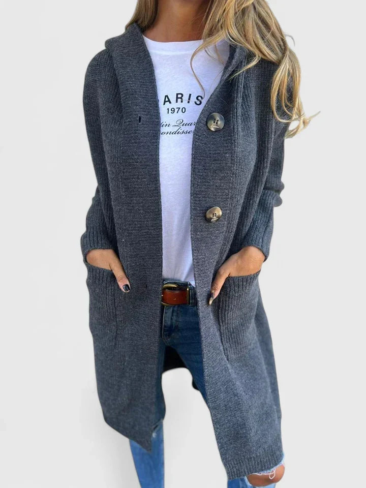 Women's longline button-front cardigan in soft knit. Cozy & comfortable, perfect fall/winter layer.