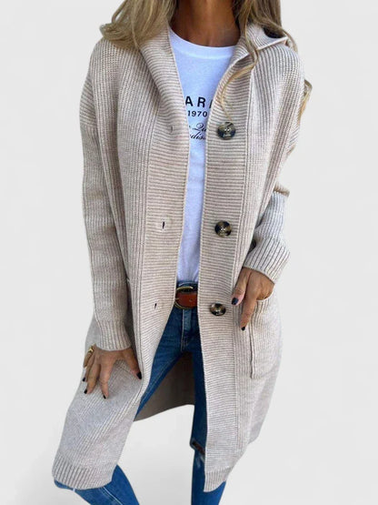 Stylish women's longline button cardigan. Versatile knit outerwear for casual fall & winter comfort.