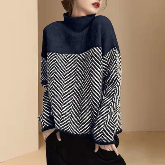 Women's loose fit contrast warm sweater, perfect for cozy fall fashion & winter outfits. Stylish comfort knit.