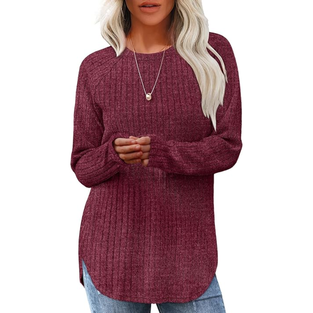 Everyday elegant women's loose fit crew neck sweater tunic; easy to wear, easy to style.