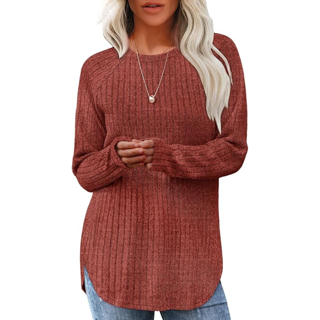 Soft knit women's long sleeve crew neck sweater tunic, ideal for comfortable daily wear.