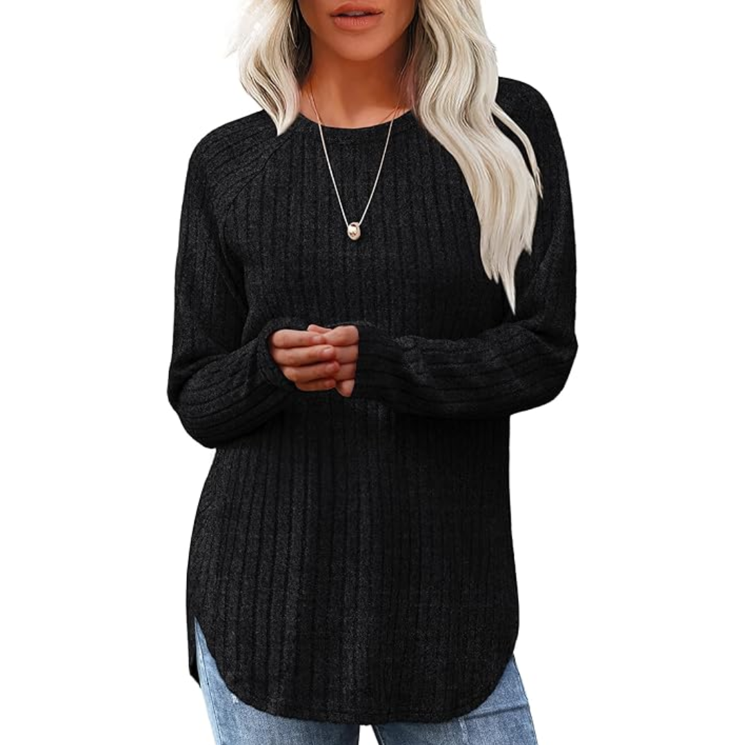 Fashionable women's crew neck loose fit tunic sweater, a versatile fall and winter staple.