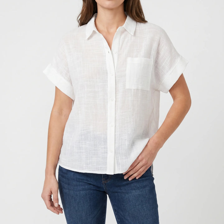 Lightweight women's short sleeve button-down top, relaxed fit for everyday casual summer style.