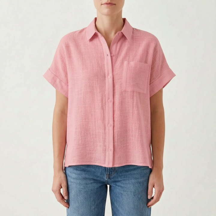 Stylish women's collared short sleeve button-down shirt, loose fit for a chic summer look.