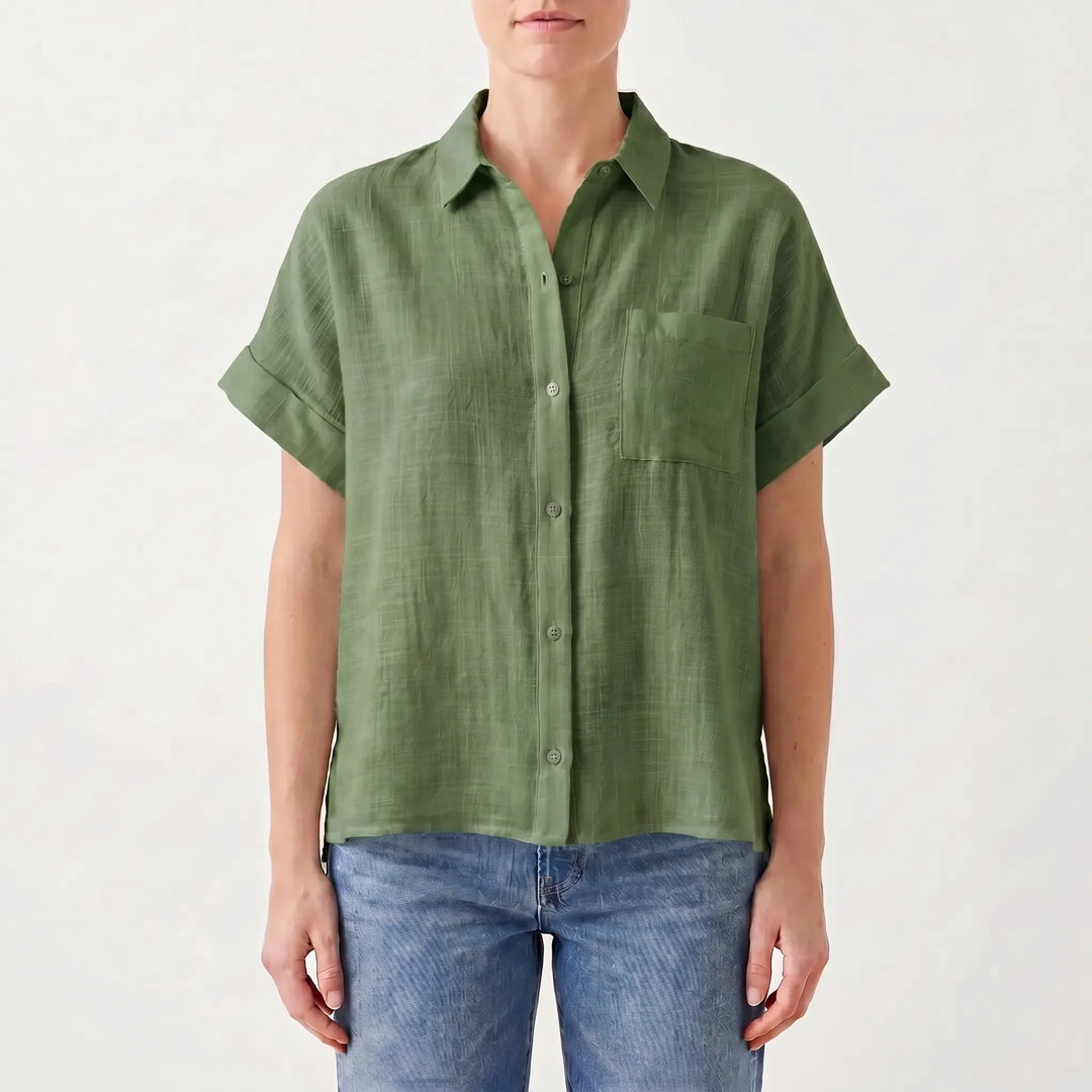 Casual women's short sleeve button-down top, loose fit, ideal for summer outings.