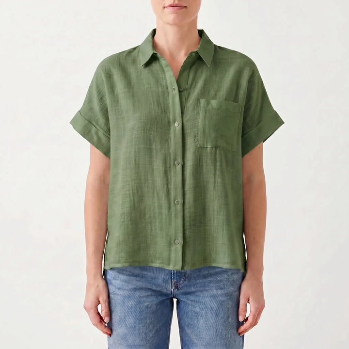 Casual women's short sleeve button-down top, loose fit, ideal for summer outings.