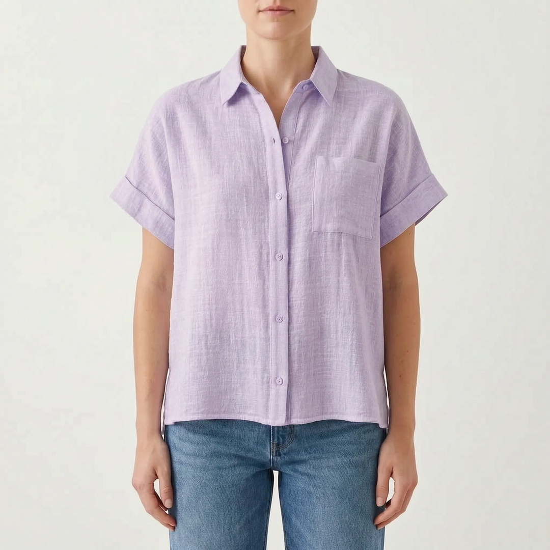 Everyday women's short sleeve button-down shirt, loose fit, perfect casual summer top.